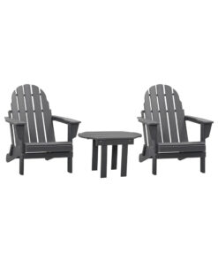 3-Piece Adirondack Chair Set Dark Gray High Backrest Armrests Slatted Seat 2 Patio Outdoor Chairs and 1 Side Tables