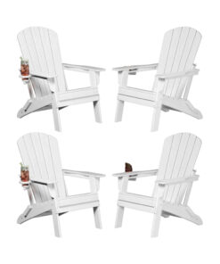 All-Weather HDPE Folding Adirondack Chair Comfortable Wooden Textured Grey Cup Holder for Poolside Backyard Lawn