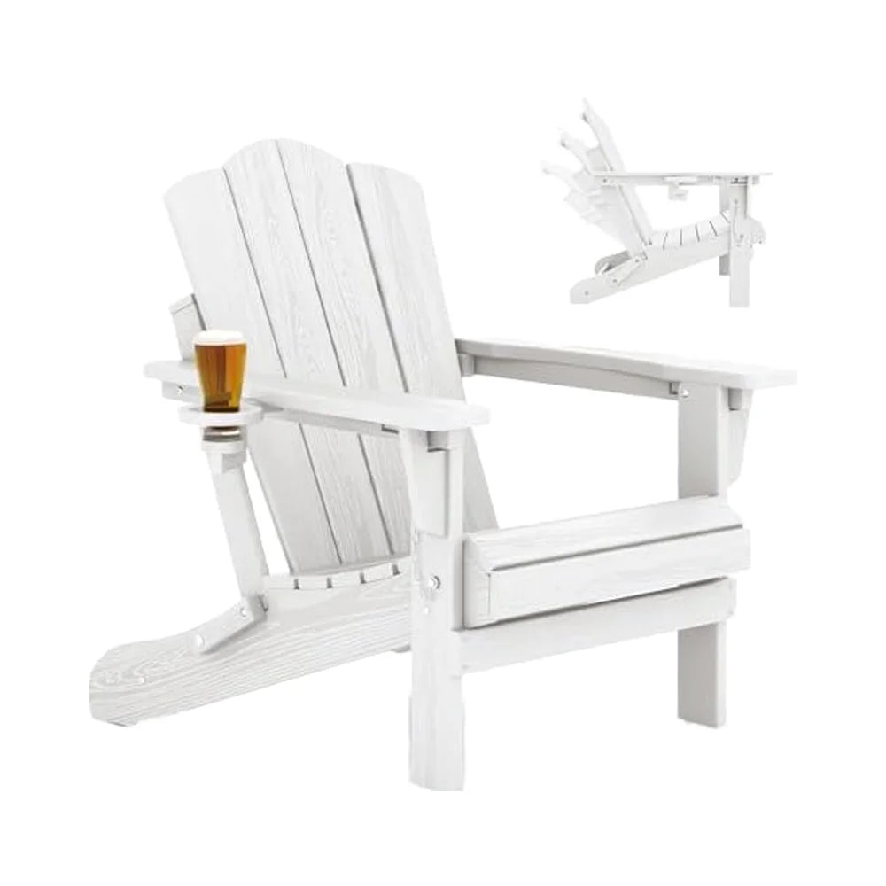 All-Weather White HDPE Folding Adirondack Chair Adjustable and Reclining with Cup Holder Garden Chairs
