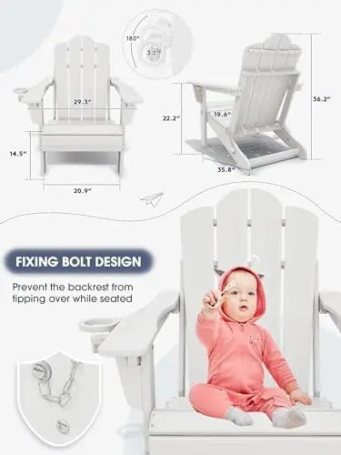 All-Weather White HDPE Folding Adirondack Chair Adjustable and Reclining with Cup Holder Garden Chairs - Image 3