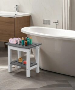 HDPE Corner Bathroom Bench Non-Slip Grey & White Shower Stool Adjustable Legs Shaving Shelf Waterproof Storage Shelf for Shower