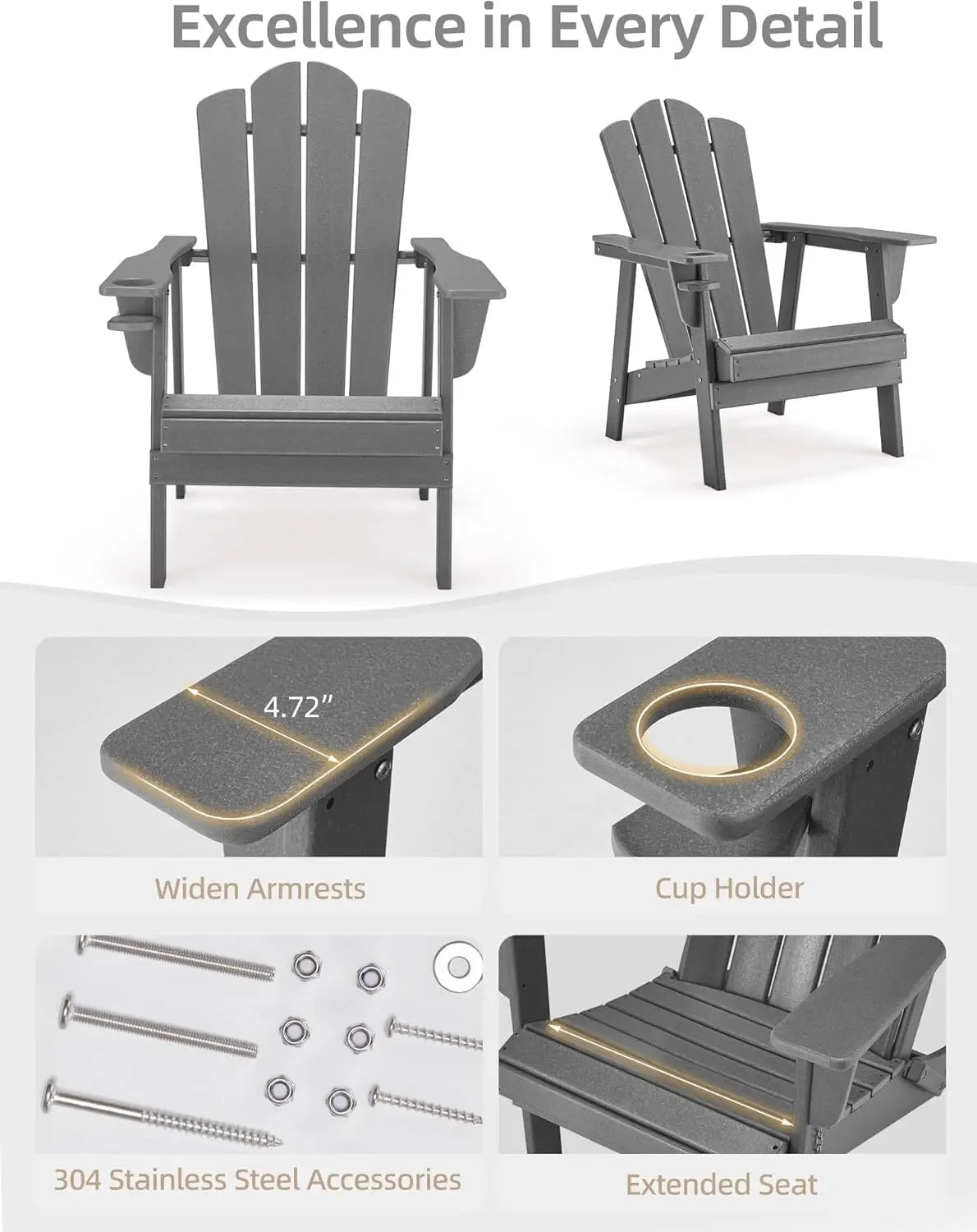 Adirondack Chair Durable HDPE All-Weather Resistant Easy Installation Oversized for Balcony Garden - Image 6