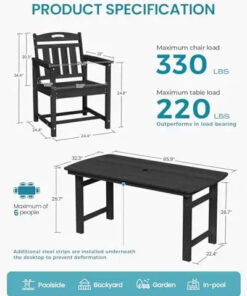Alternative view of Modern Style All-Weather Durable HDPE Patio Dining Chair Black Table Set for Garden Lawn Poolside or Outdoor Porch Furniture