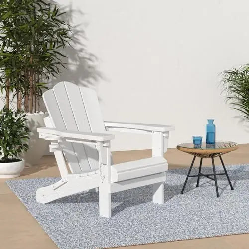 All-Weather White HDPE Folding Adirondack Chair Adjustable and Reclining with Cup Holder Garden Chairs - Image 2