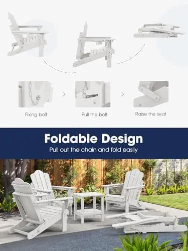 All-Weather White HDPE Folding Adirondack Chair Adjustable and Reclining with Cup Holder Garden Chairs - Image 4