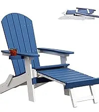 Alternative view of Outdoor Folding Adirondack Chair with Weather-Resistant HDPE  White Blue Includes Footrest & Cup Holder