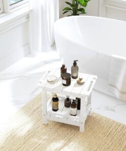 Alternative view of Modern White HDPE Shower Bench with Storage Shelf & Handles Indoor and Outdoor HDPE Bench for Bathroom Use