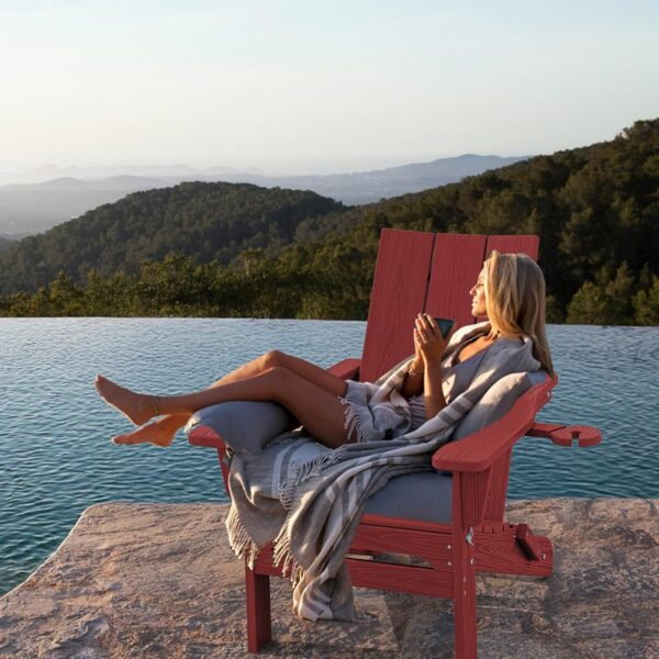 All-Weather Outdoor Red Adirondack Chair with Cup Holders Modern HDPE Folding Furniture for Living Room Use
