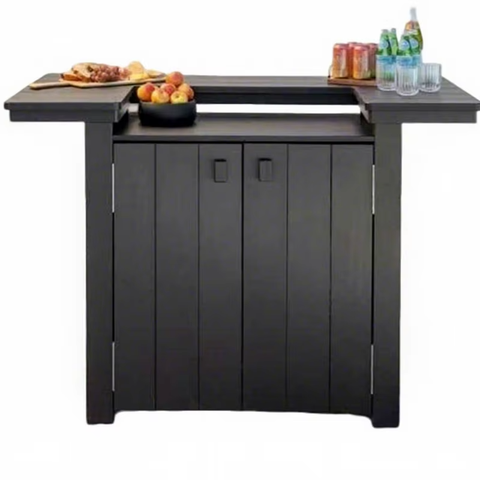 HDPE Outdoor Bar Table with Storage Cabinet Weatherproof Patio Bartop with Dual Shelves Drink Holders for Garden Party