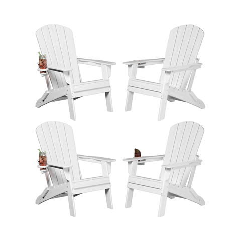 All-Weather HDPE Folding Adirondack Chair Comfortable Wooden Textured Grey Cup Holder for Poolside Backyard Lawn