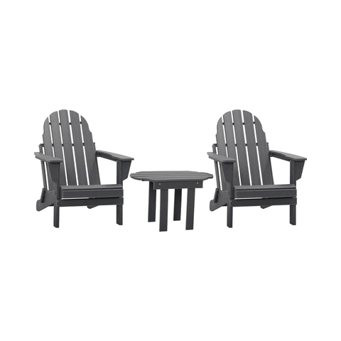 3-Piece Adirondack Chair Set Dark Gray High Backrest Armrests Slatted Seat 2 Patio Outdoor Chairs and 1 Side Tables