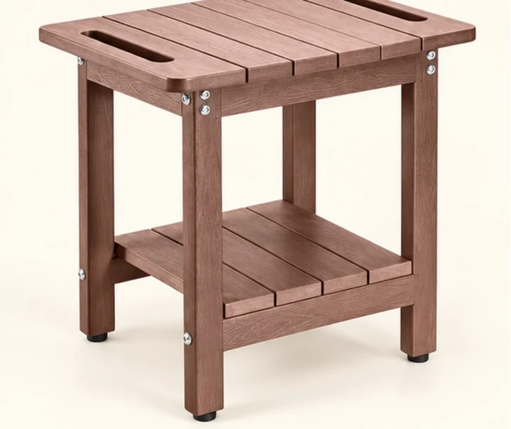 Two-Tier Slatted HDPE Shower Stool — Front-left three-quarter view
