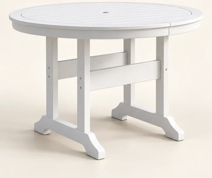 Round Trestle-Base HDPE Dining Table — Front-left three-quarter view