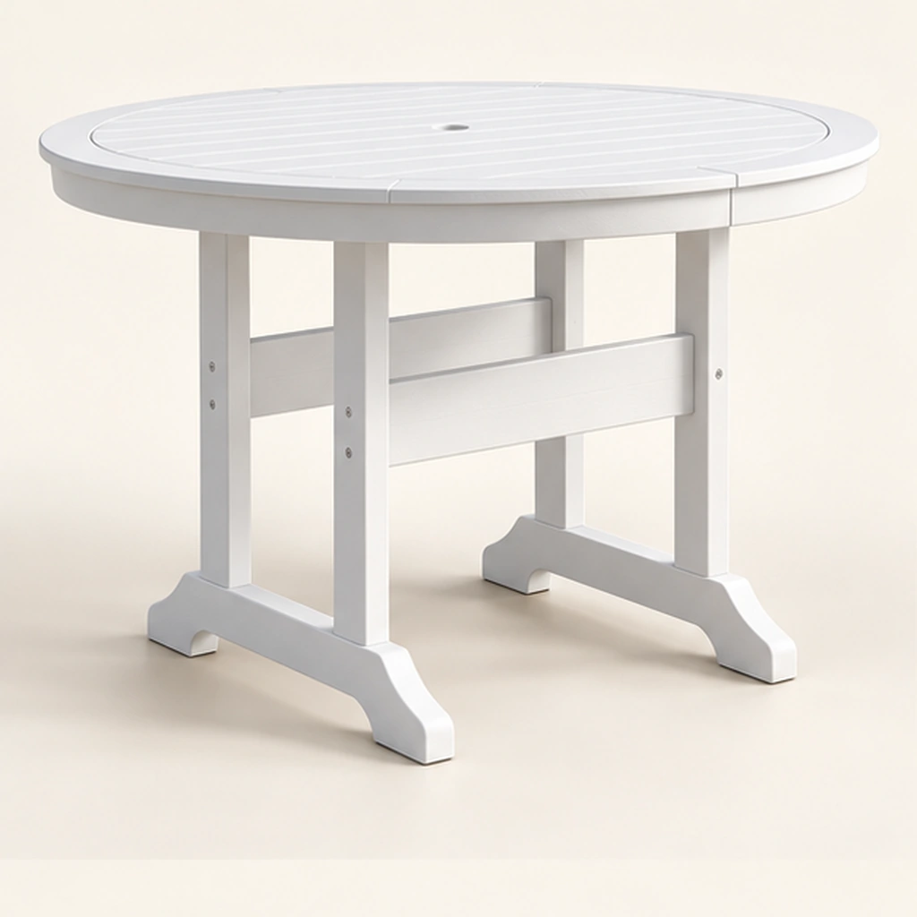 Round Trestle-Base HDPE Dining Table — Front-left three-quarter view