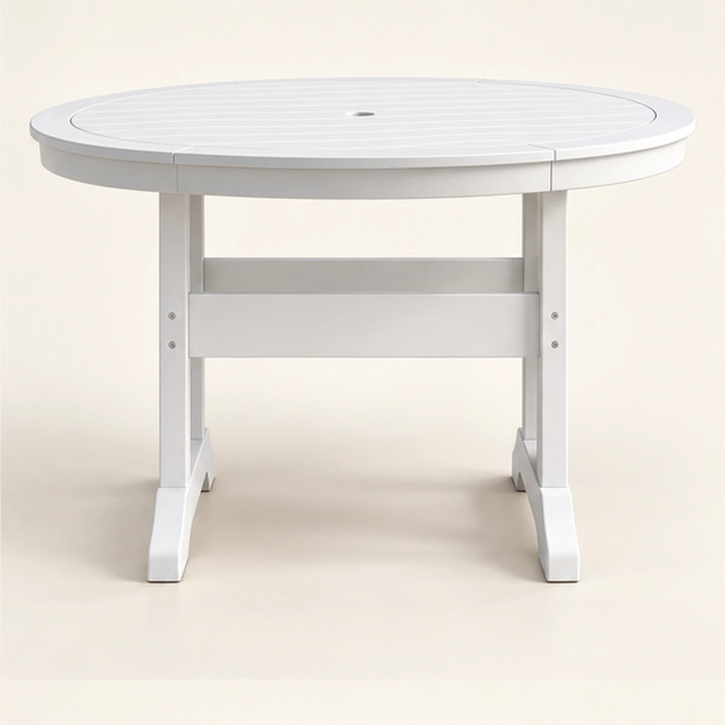 Round Trestle-Base HDPE Dining Table — Front elevation
