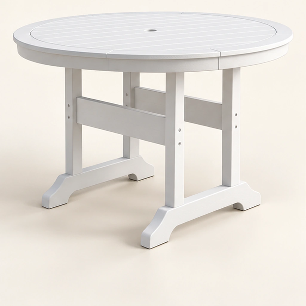 Round Trestle-Base HDPE Dining Table — Rear-right three-quarter view