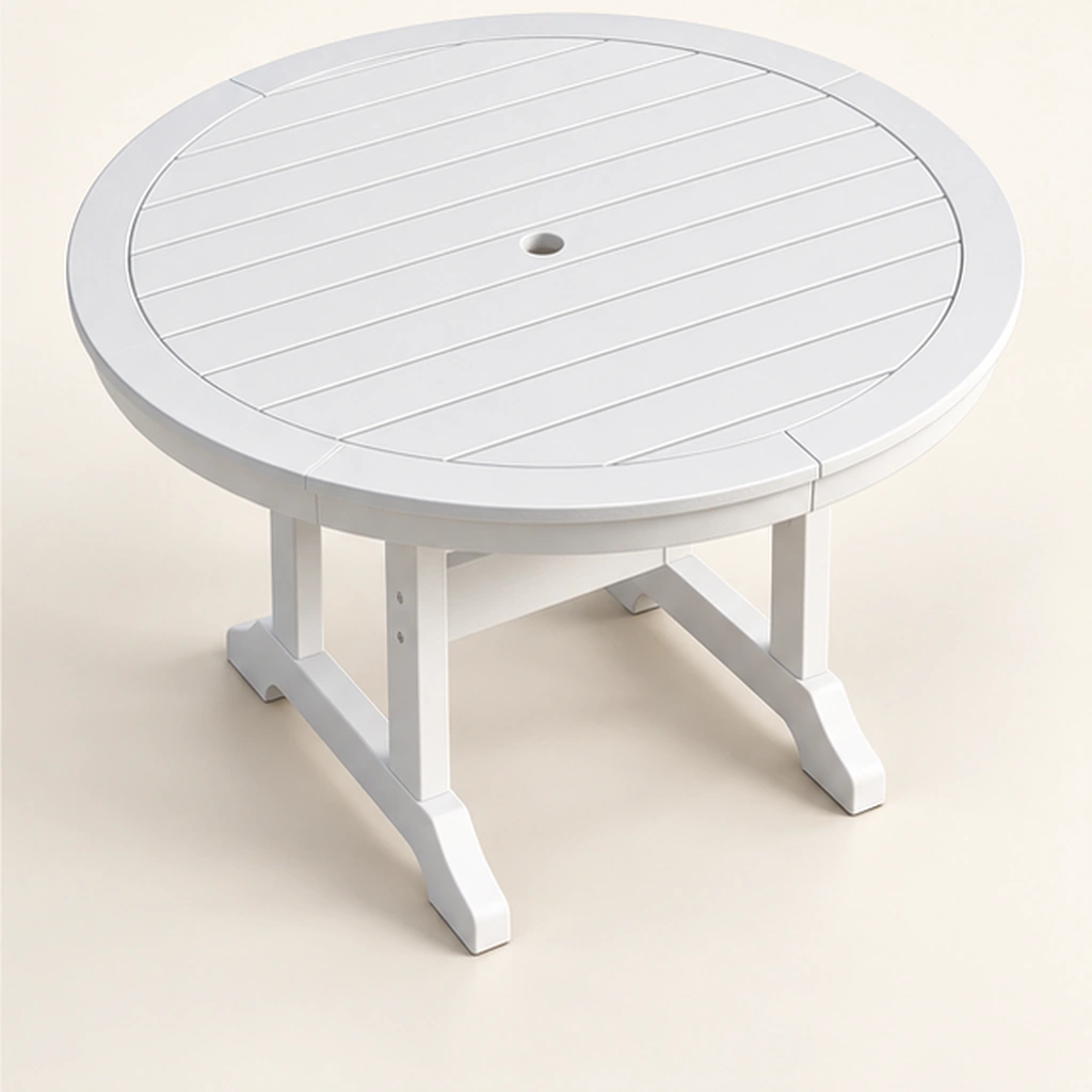 Round Trestle-Base HDPE Dining Table — Elevated or side detail view
