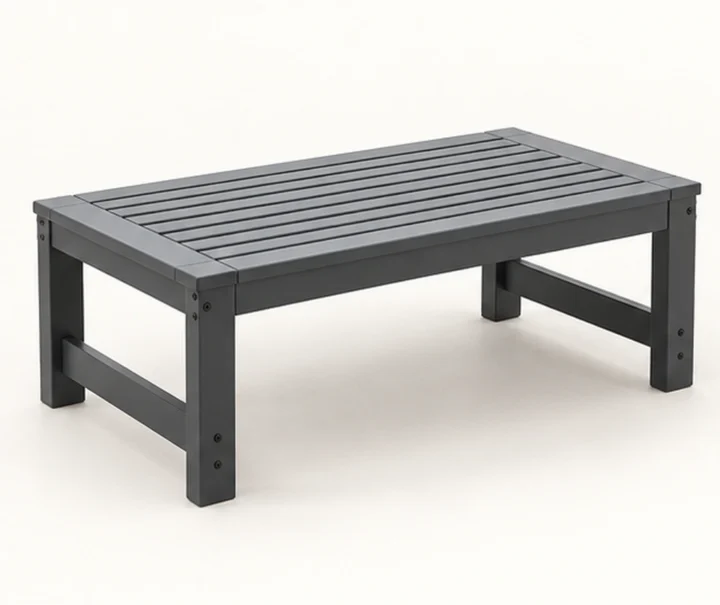 Low Rectangular Narrow-Slat HDPE Outdoor Coffee Table — Front-left three-quarter view