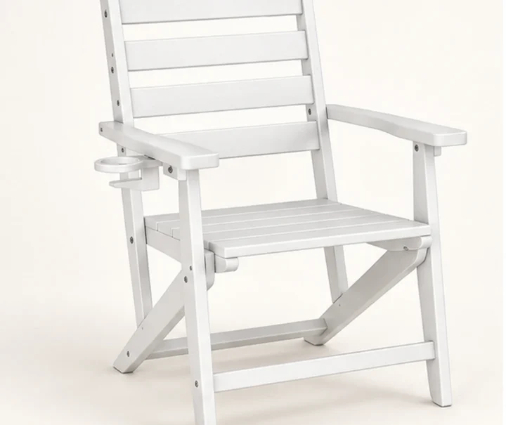 Folding Ladder-Back HDPE Outdoor Dining Chair with Cup Holder — Front-left three-quarter view