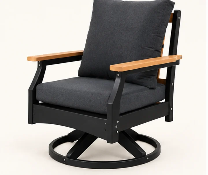 Cushioned HDPE Swivel Rocking Lounge Chair — Front-left three-quarter view