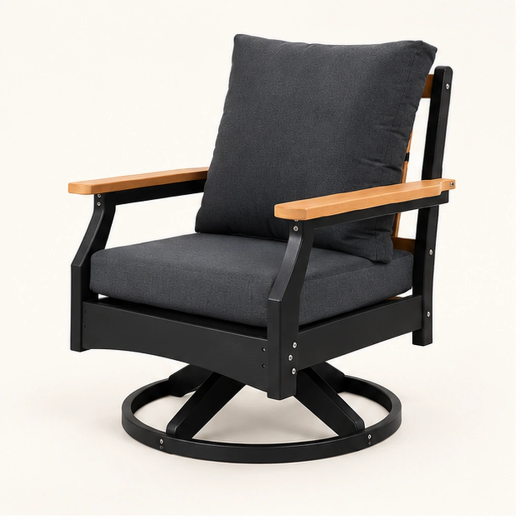 Cushioned HDPE Swivel Rocking Lounge Chair — Front-left three-quarter view