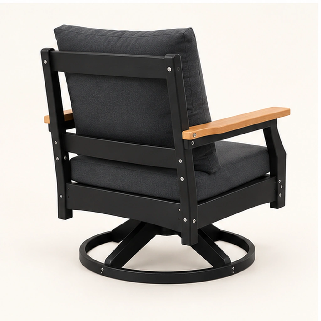 Cushioned HDPE Swivel Rocking Lounge Chair — Rear-right three-quarter view