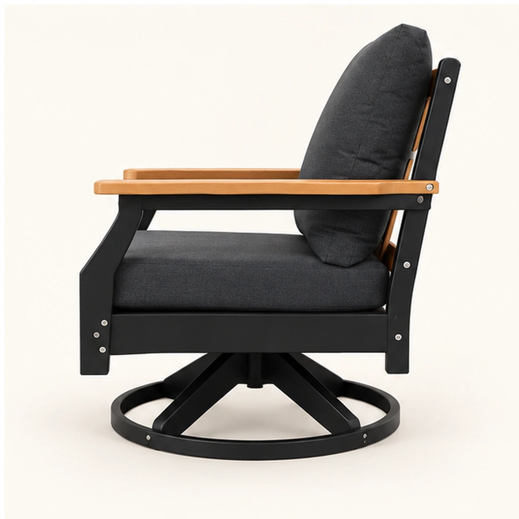 Cushioned HDPE Swivel Rocking Lounge Chair — Elevated or side detail view