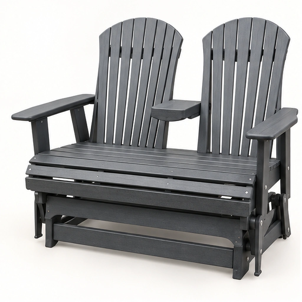 Two-Seat HDPE Adirondack Glider Loveseat with Center Armrest — Front-left three-quarter view