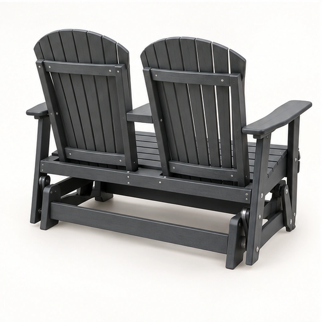 Two-Seat HDPE Adirondack Glider Loveseat with Center Armrest — Rear-right three-quarter view