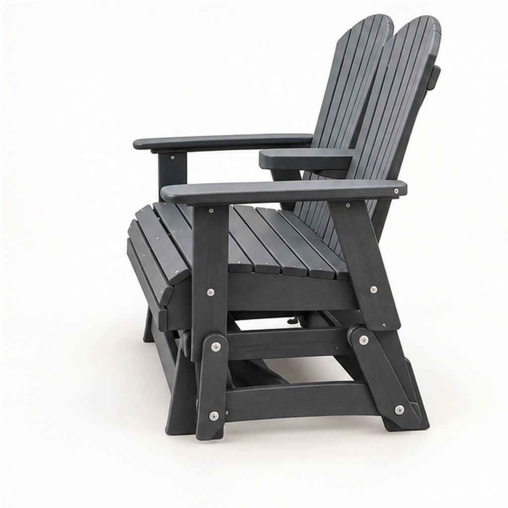 Two-Seat HDPE Adirondack Glider Loveseat with Center Armrest — Side view — glider mechanism