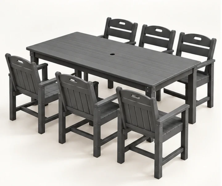 7-Piece Slatted-Back HDPE Outdoor Dining Set — Complete set — front-left three-quarter view