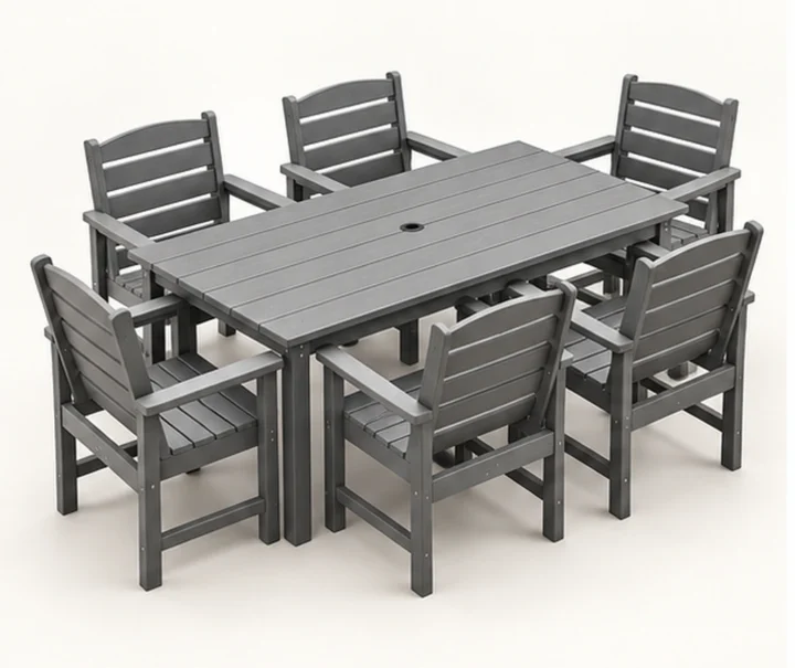 7-Piece Four-Rail HDPE Outdoor Dining Set — Complete set — front-left three-quarter view