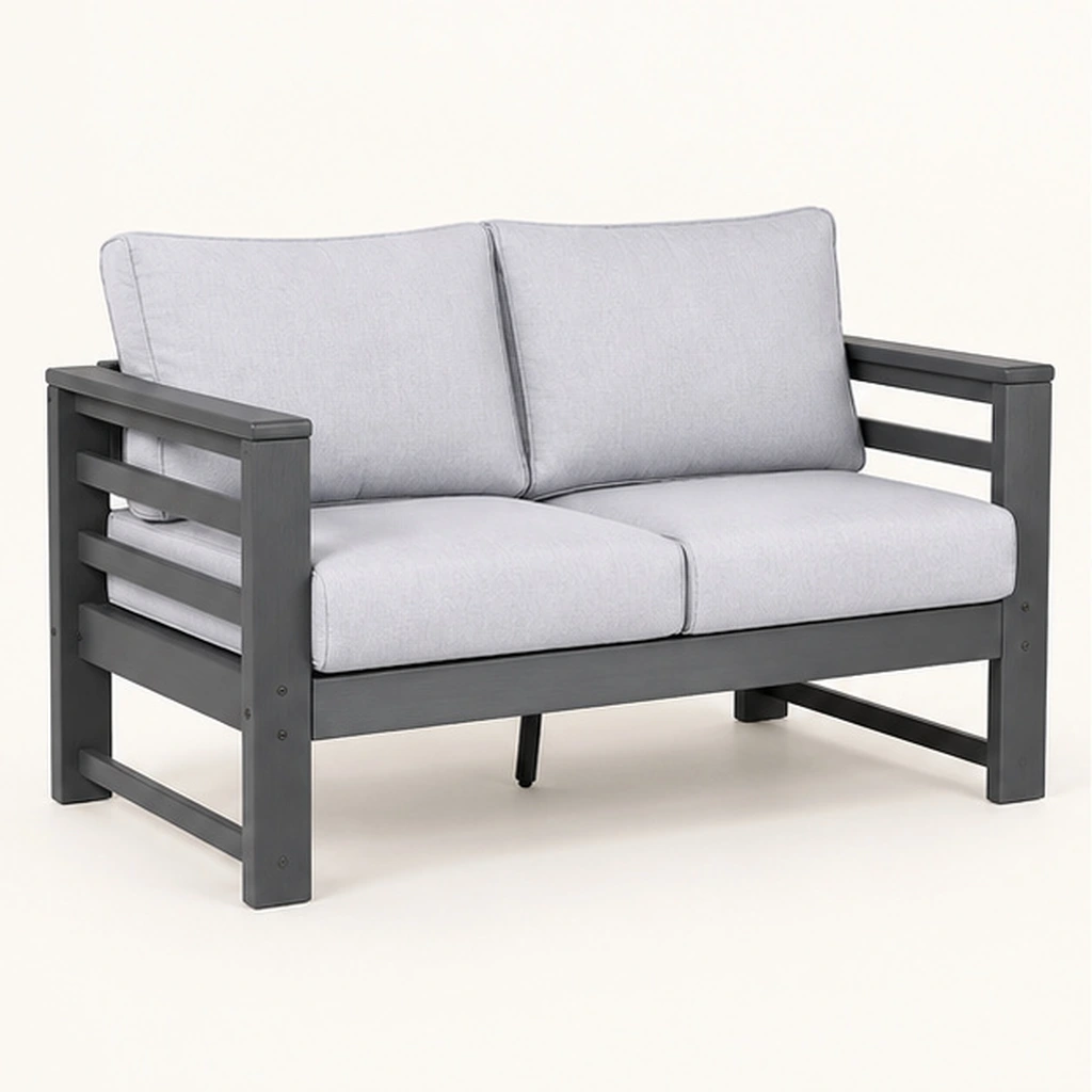 Two-Seat Three-Rail Cushioned HDPE Outdoor Sofa — Front-left three-quarter view