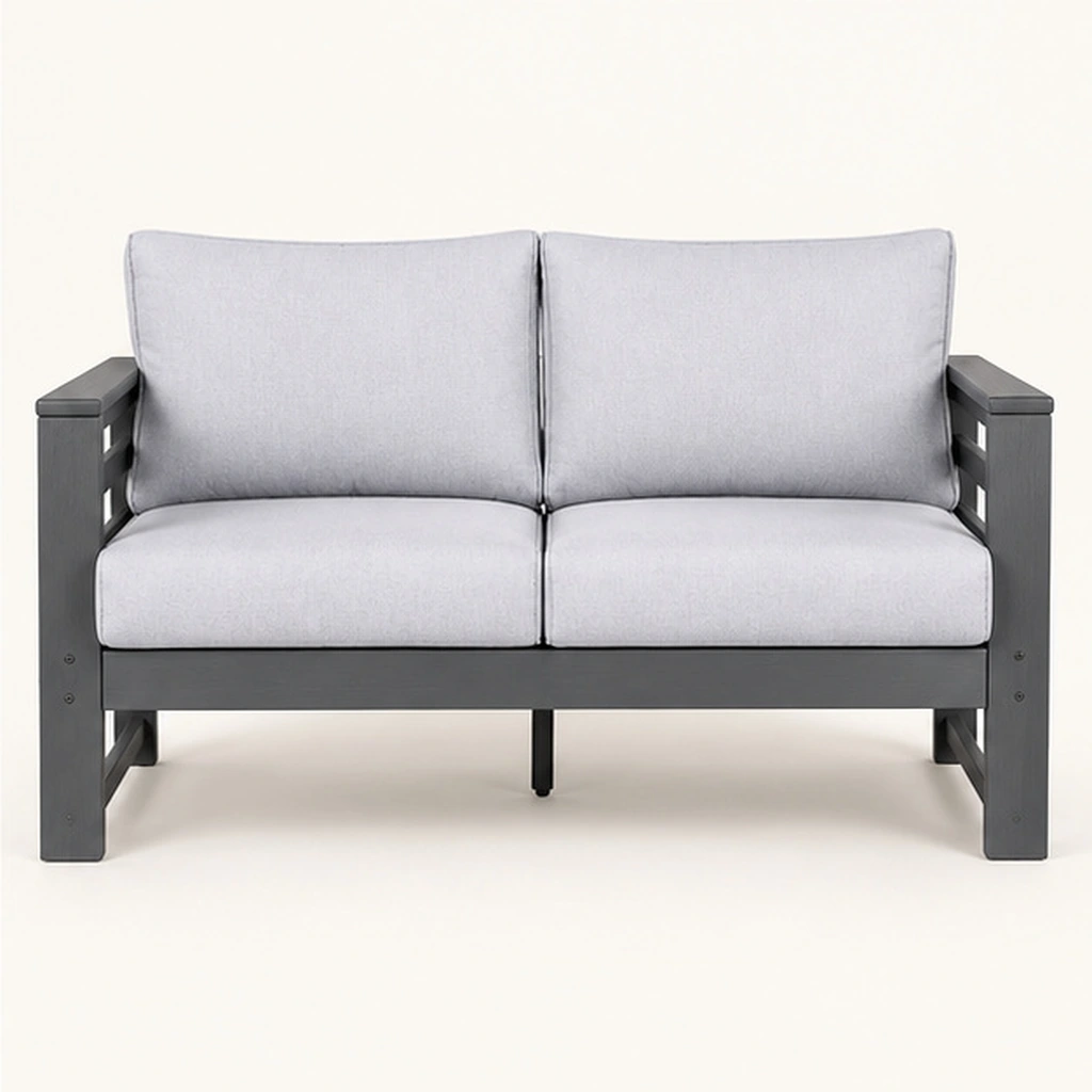 Two-Seat Three-Rail Cushioned HDPE Outdoor Sofa — Front elevation
