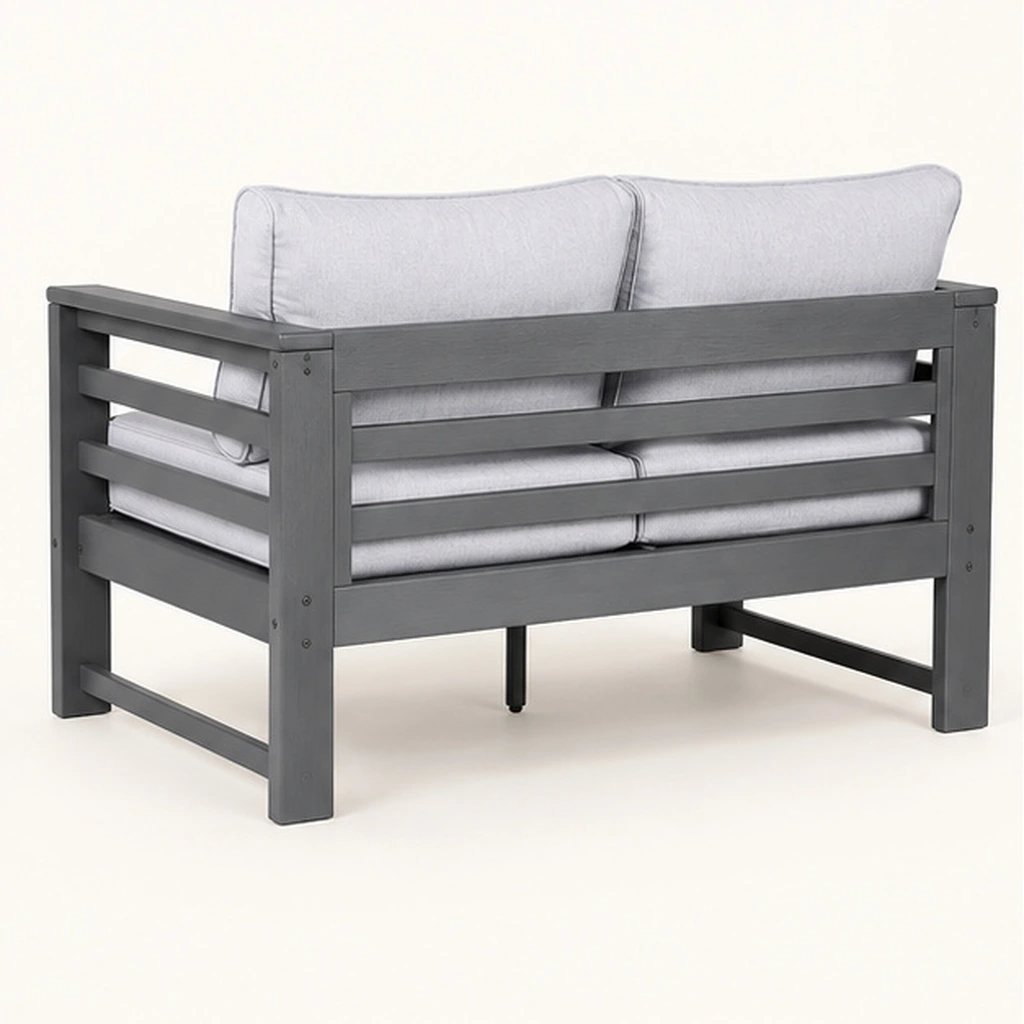 Two-Seat Three-Rail Cushioned HDPE Outdoor Sofa — Rear-right three-quarter view