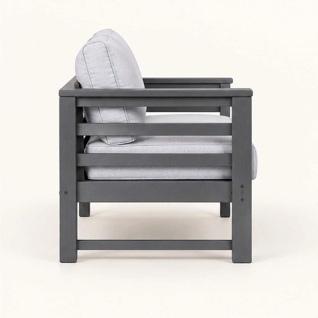 Two-Seat Three-Rail Cushioned HDPE Outdoor Sofa — Elevated top three-quarter view