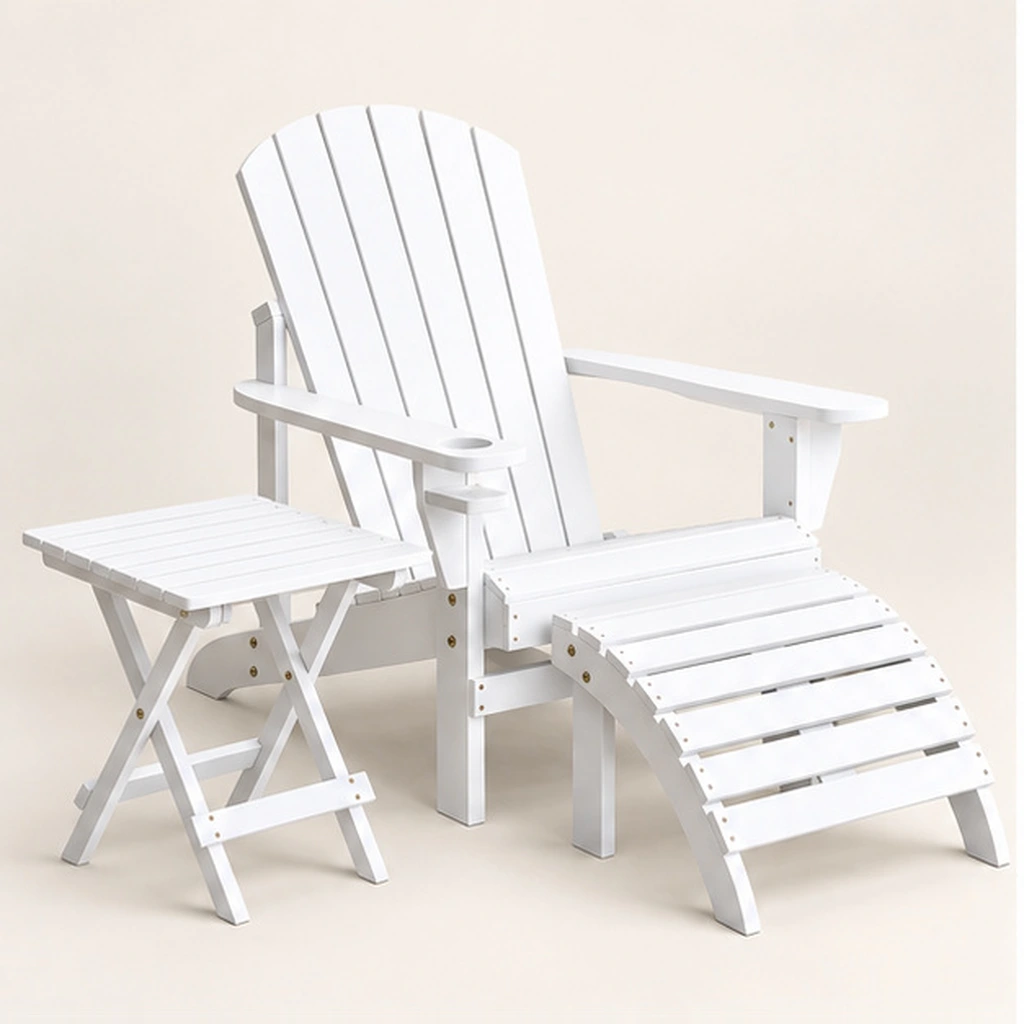 3-Piece HDPE Adirondack Recliner, Footrest and Folding Side Table Set — Front-left three-quarter view