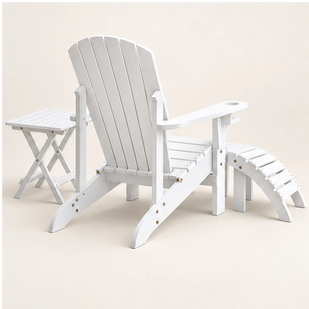 3-Piece HDPE Adirondack Recliner, Footrest and Folding Side Table Set — Elevated top three-quarter view