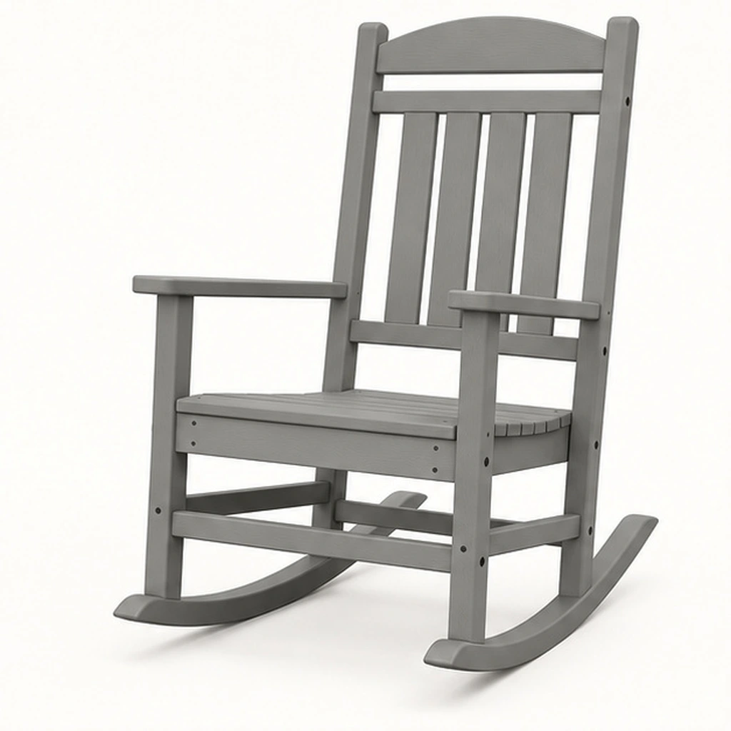 Four-Slat Traditional HDPE Outdoor Rocking Chair — Front-left three-quarter view
