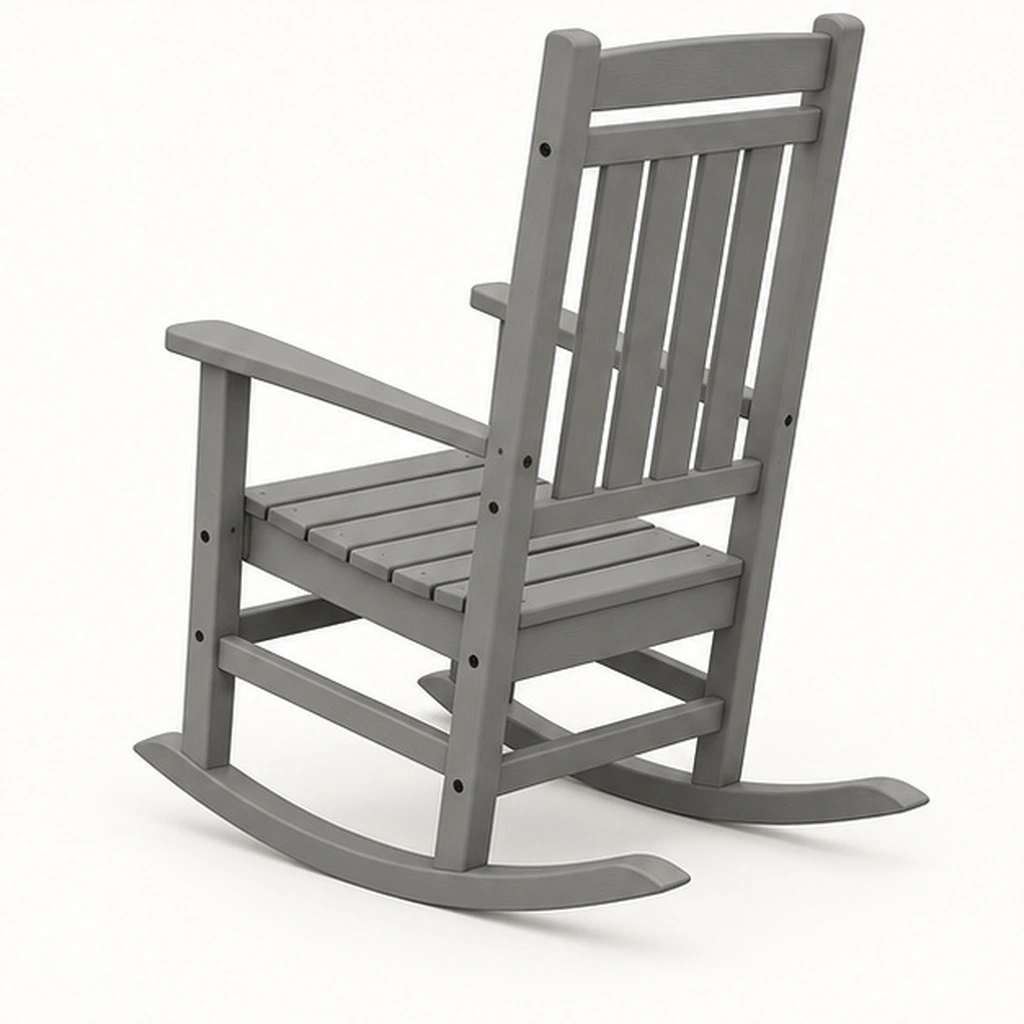 Four-Slat Traditional HDPE Outdoor Rocking Chair — Rear-right three-quarter view