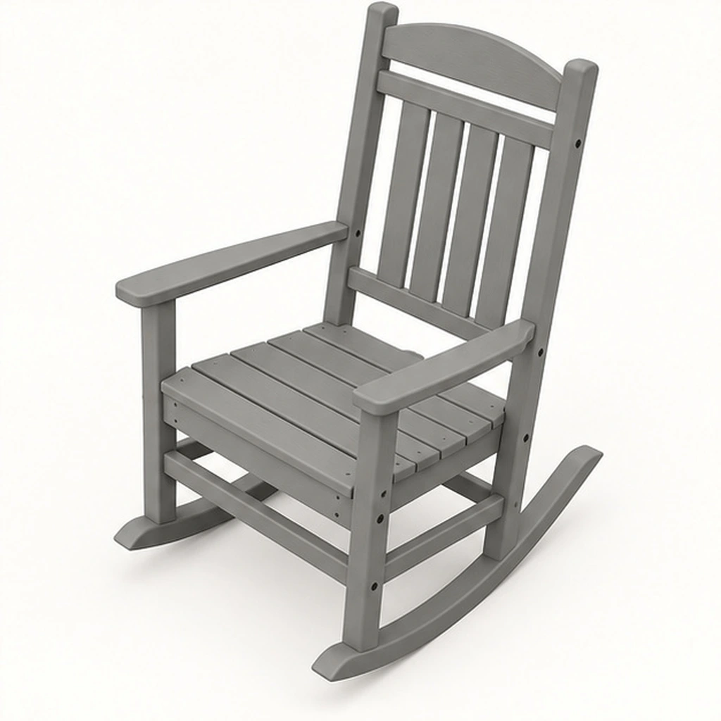 Four-Slat Traditional HDPE Outdoor Rocking Chair — Elevated top three-quarter view