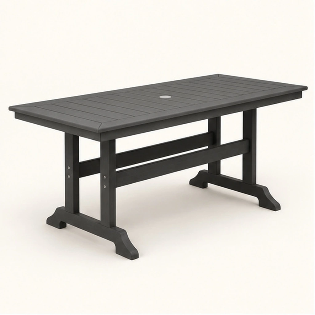 Rectangular Trestle-Base HDPE Outdoor Dining Table with Umbrella Hole — Front-left three-quarter view