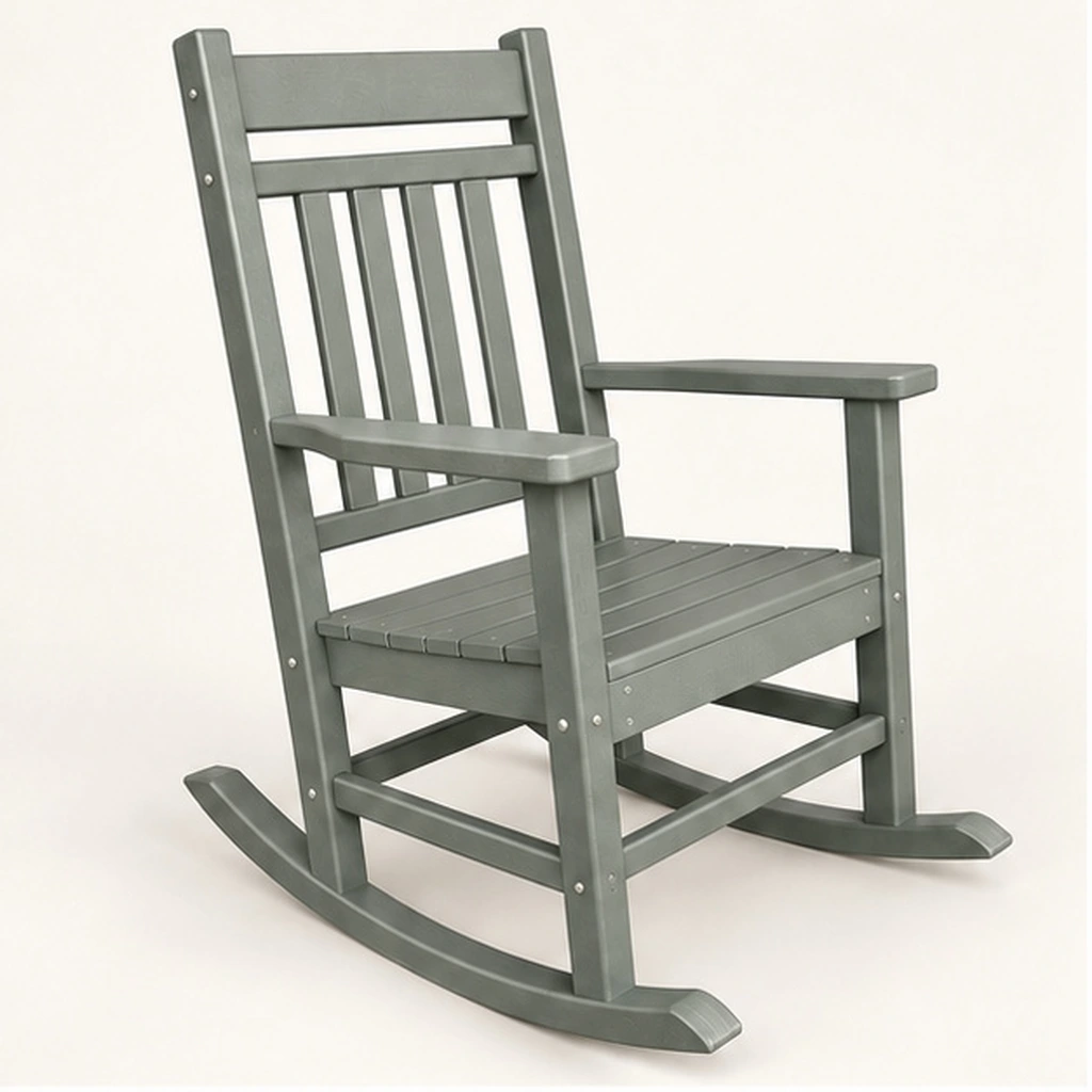 Five-Slat Ladder-Back HDPE Outdoor Rocking Chair — Front-left three-quarter view