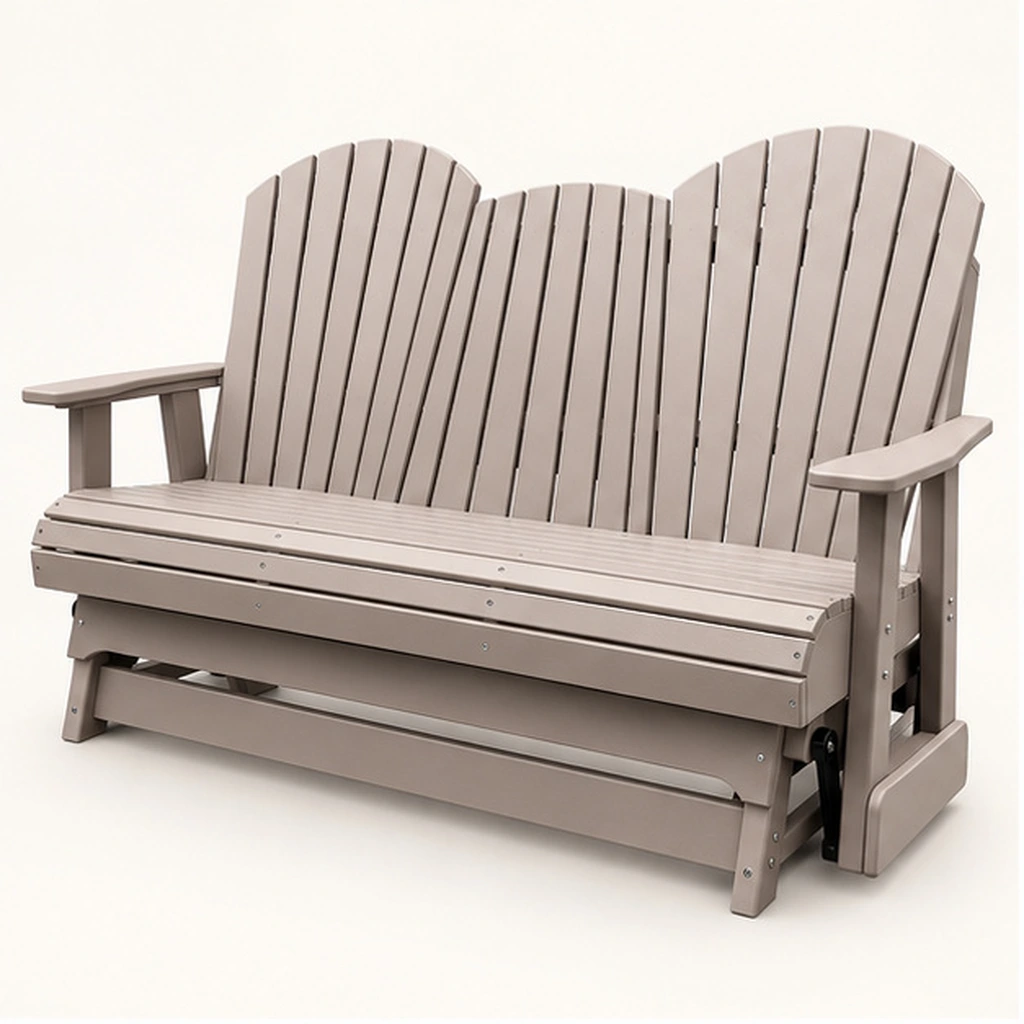 Three-Seat HDPE Adirondack Glider Bench with Fold-Down Cup Holder — Front-left three-quarter view