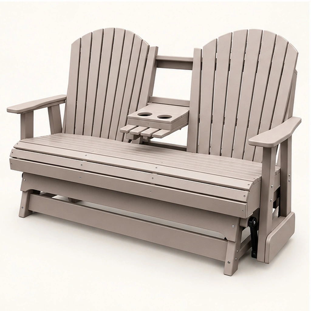 Three-Seat HDPE Adirondack Glider Bench with Fold-Down Cup Holder — Rear-right three-quarter view