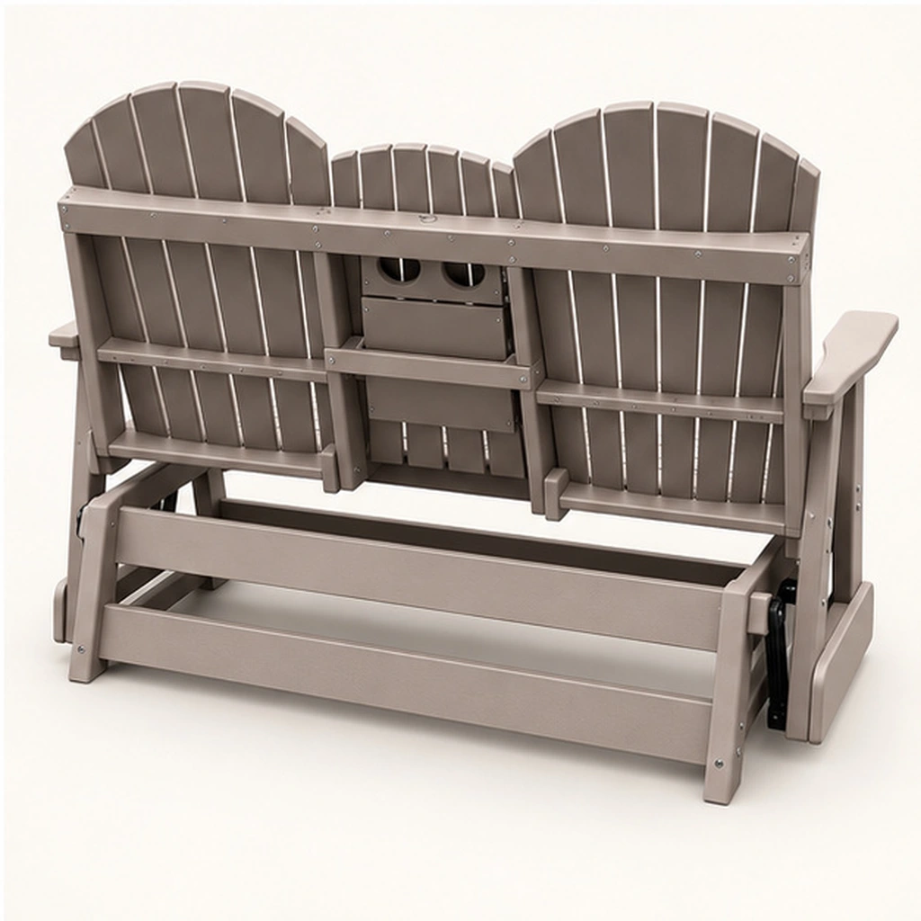 Three-Seat HDPE Adirondack Glider Bench with Fold-Down Cup Holder — Elevated top three-quarter view