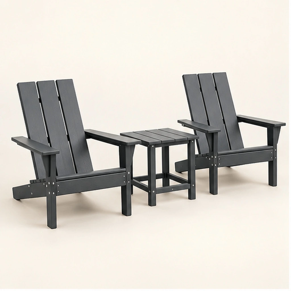3-Piece Three-Board HDPE Adirondack Chair and Side Table Set — Front-left three-quarter view