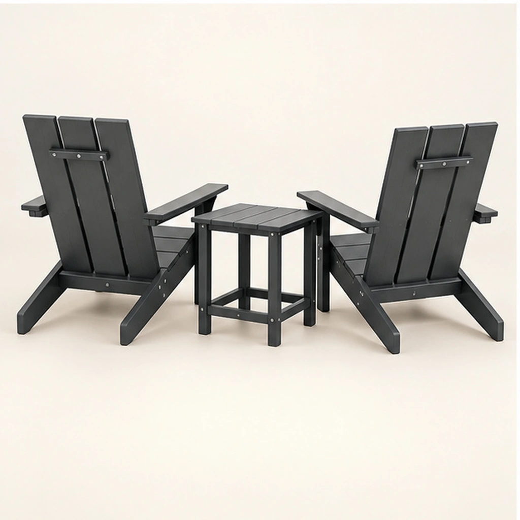 3-Piece Three-Board HDPE Adirondack Chair and Side Table Set — Rear-right three-quarter view