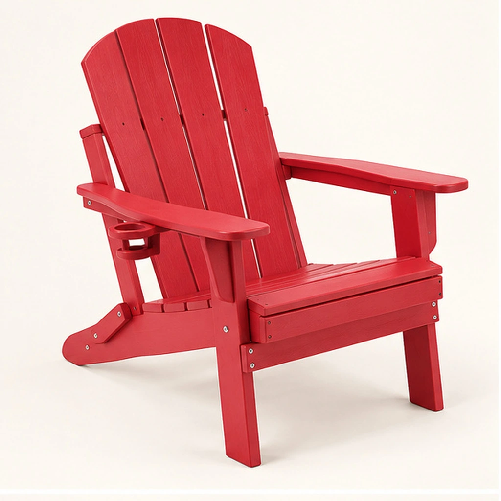 Four-Slat Folding HDPE Adirondack Chair with Cup Holder — Front-left three-quarter view