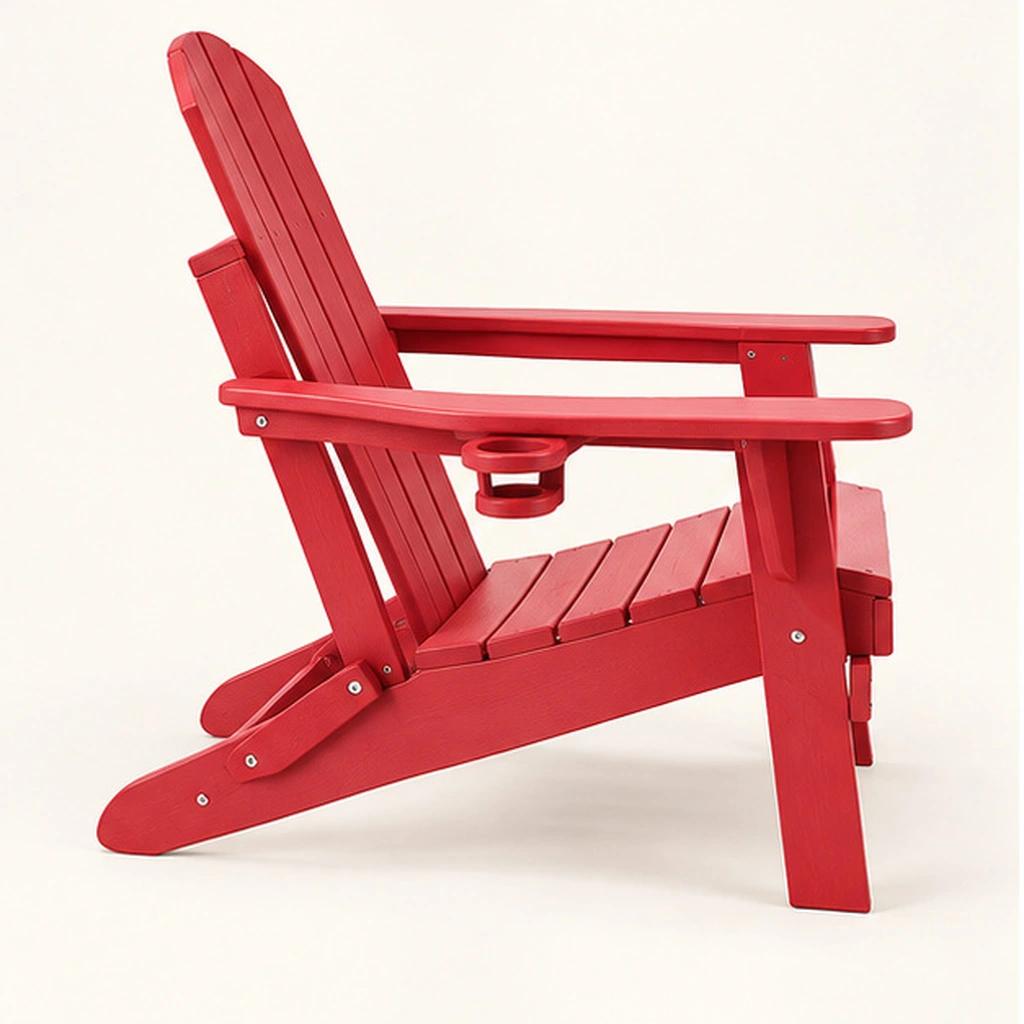 Four-Slat Folding HDPE Adirondack Chair with Cup Holder — Rear-right three-quarter view